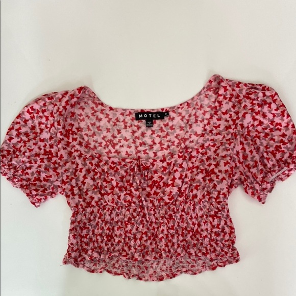 Women's Raquel Crop Top in Ditsy Butterfly Pink Red Puff Sleeve Size M - Picture 2 of 12